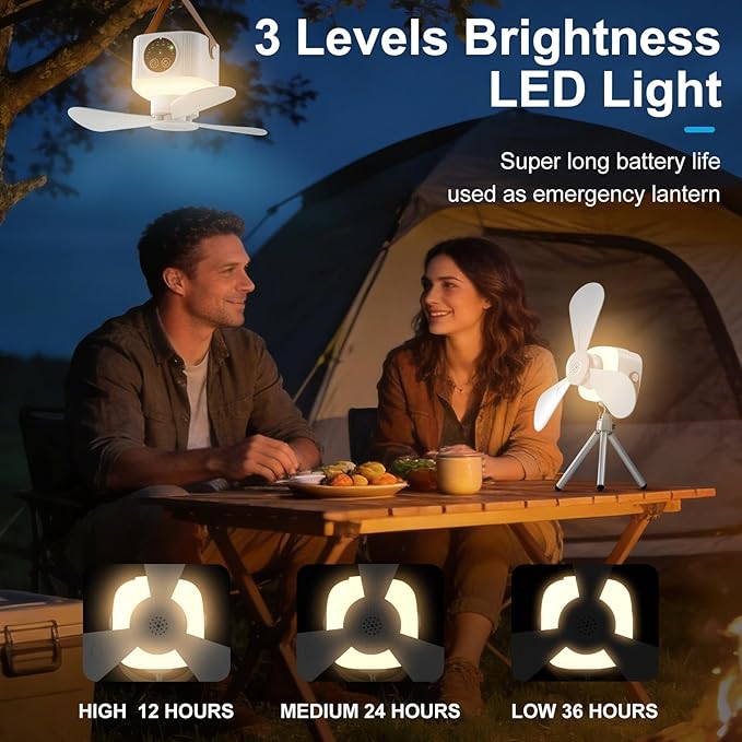 Portable Camping Fan with Lights,LED Hanging Ceiling Fan With Remote&Timer, 9.25" Wireless Rechargeable Tent Fan,4 Speeds&Brightness for Canopy, Beach, RV, Car, Camper,Outdoor,Indoor