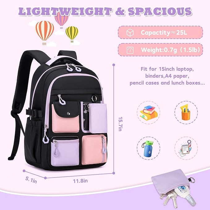 Kids Backpack, Backpack for Girls for Elementary School Multiple Pockets Ages 6-10(Black)