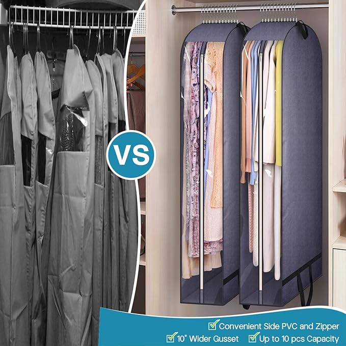 KIMBORA 10" Gusseted Clear Wedding Dress Bags for Gowns, 60" Garment Bags for Hanging Clothes Storage with Handles, Suit Bags for Closet Storage, Dress Cover for Long Dresses, Coats (2 Packs, Grey)