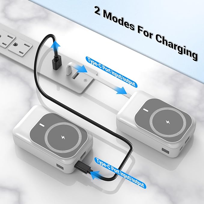 Magnetic Wireless Power Bank 26800mAh, PD 22.5W Type-C Fast Charging Portable Charger 5 Outputs, Battery Pack for Magsafe Built in 2 Cables with Stand LED Display for iPhone 17/16/15/14/13/12-White