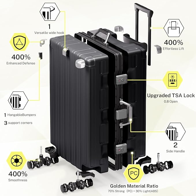 Krute Aluminum Frame Luggage 28 Inch Checked Suitcase with Spinner Wheels TSA Approved No Zipper Hard Shell Luggage PC+ABS Travel Suitcase Black