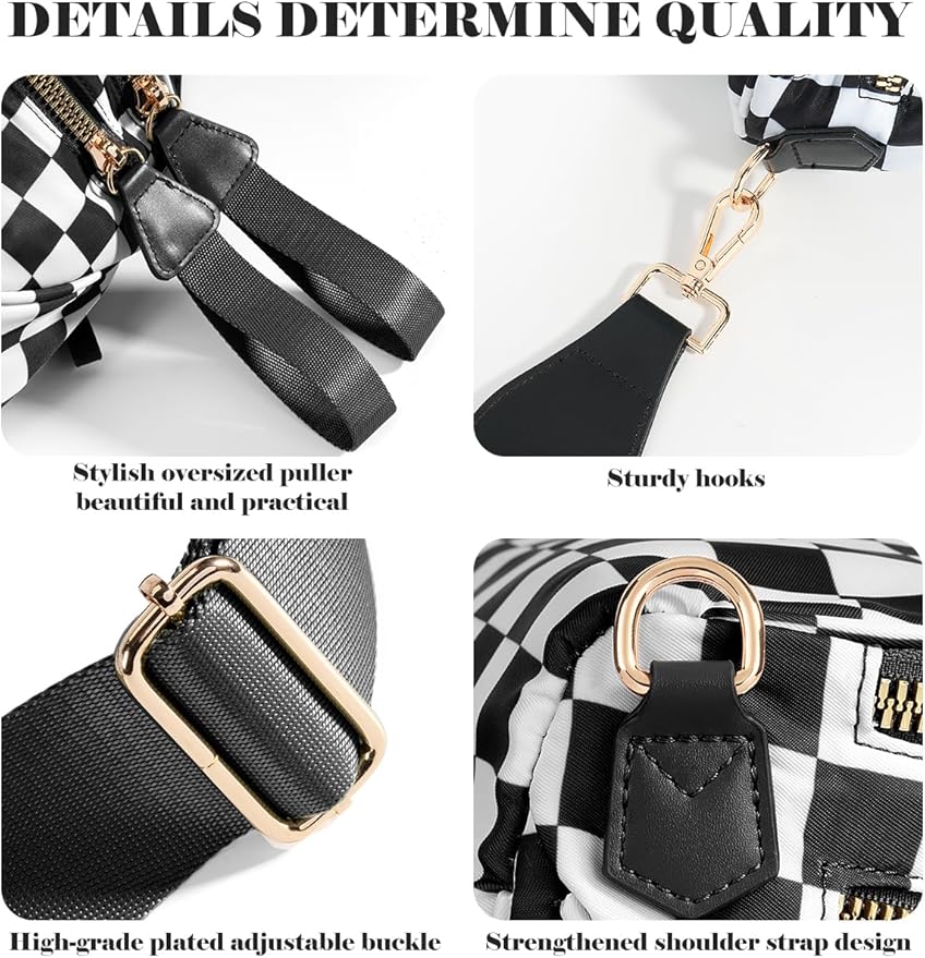 Black and White Checkered Crossbody Bag Bum Bag for Women,Spacious Checkered Purse Fanny Packs Belt Bag