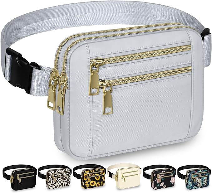 Capolo Fanny Packs for Women Fashion Waist Packs Bag with Adjustable Strap and 4 Zipper Pockets Waterproof Everywhere Crossbody Belt Bag for Workout Running Travelling(Light Grey)