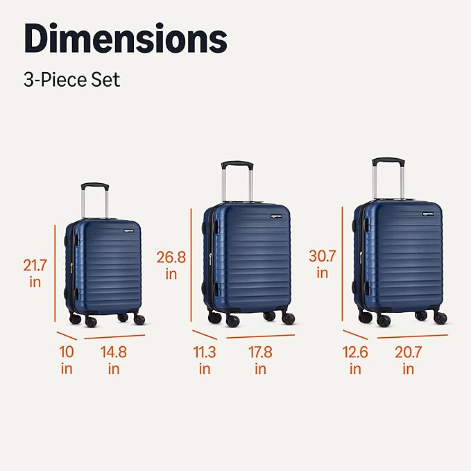 Amazon Basics 3-Piece Hardside Expandable Luggage Set (21" Carry-On, 26", 30"), Spinner Suitcases with Multi-directional Wheels, Scratch-Resistant Surface, Navy Blue
