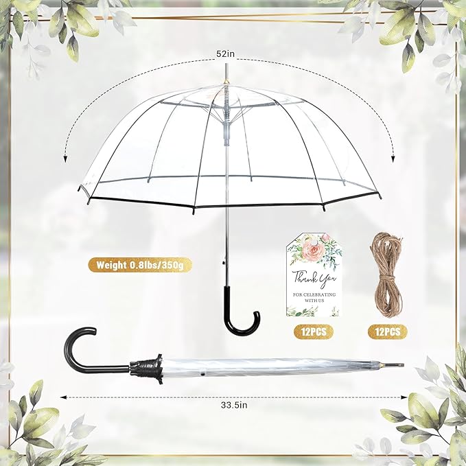 Dansydaisy 12 Pcs Wedding Favors for Guest Umbrella Gifts Bulk 52 Inch Large Dome Rain Windproof Stick Umbrellas with Thank You Tags and Rope Guest Souvenirs for Wedding Party Bridal Favors