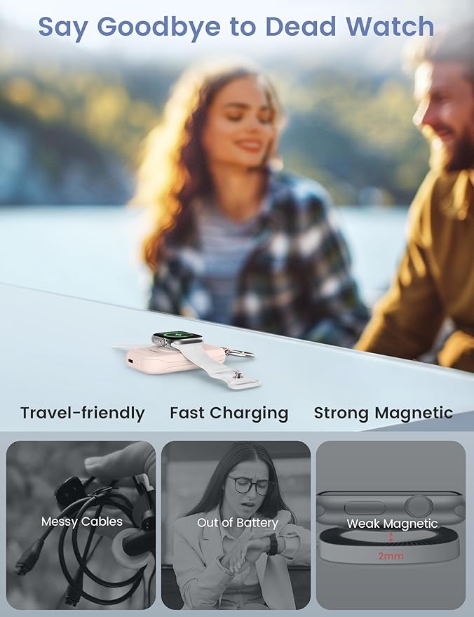 RORRY CharmGo Charger for Apple Watch Series 9, 2500mAh Fast Charging Portable Charger for iWatch, Travel Charger with Built-in USB C Cable for Apple Watch Ultra Series 9 8 7 6 3 Accessories, Pink