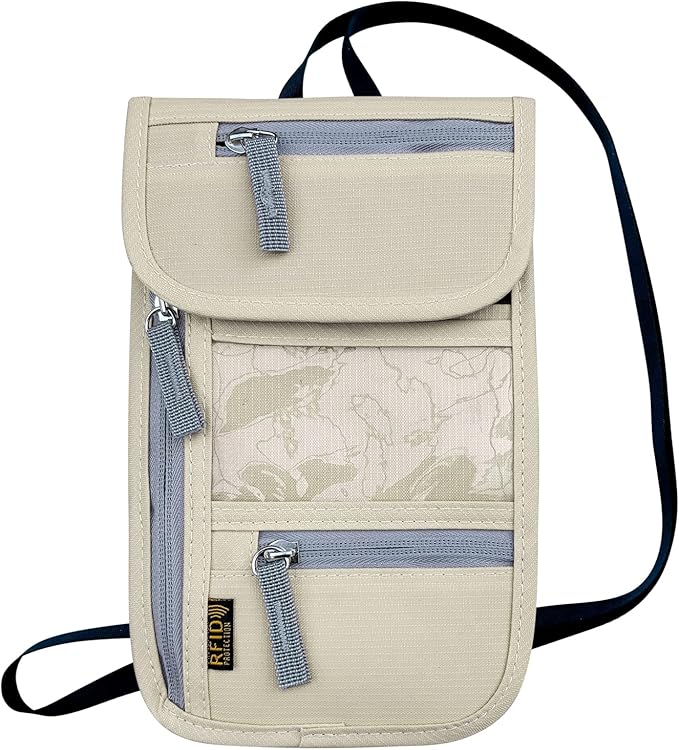 Travel Neck Wallet, RFID Blocking Passport Holder with Adjustable Neck Strap for Men and Women to Keep Cash, Credit Cards and Travel Documents Safe - Beige