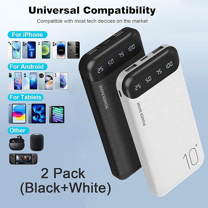 Power Bank 10000mAh Portable Charger Slim Battery Pack with 2 USB 2.4A Outputs and USB C In/Out Compatible with Huawei iPhone 16 15 14 13 12 iPad Samsung Galaxy S20 Android Tablet (Black + White)