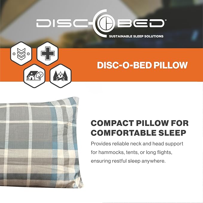 Disc-O-Bed Compact and Packable Travel Pillow with Washable Cover, Ultralight for Backpacking, Hiking, and Camping, Ocean Plaid