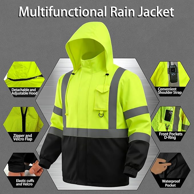 Hi Vis Class 3 Safety Rain Jacket for Men Waterproof, Reflective High Visibility Rain Gear Construction Rain Suit (Yellow-Black 2XL/3XL)