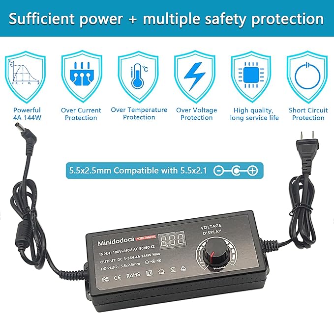 144W Power Supply Adjustable DC 3V ~ 36V Variable Universal Switching AC/DC Adapter Minidodoca AC to DC Converter with LED Voltage Display and 16 Tips, for 3V to 36V Household Electronics - 4000mA Max