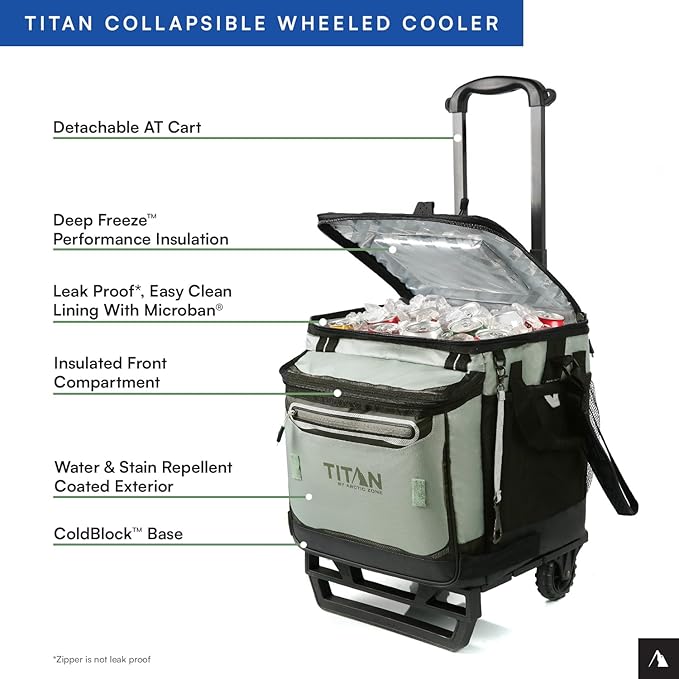 Titan by Arctic Zone Collapsible Wheeled Soft Sided Cooler with Detachable Rolling AT Cart, Insulated Bag with Leak Proof Lining, for Travel, Beach, Picnic, 60 Can Capacity