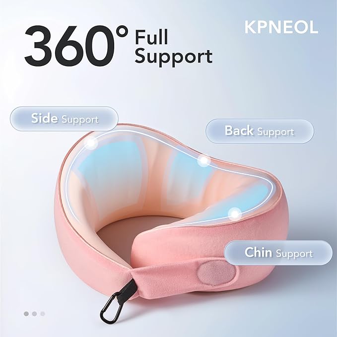 KPNEOL Travel Pillow, 100% Pure Memory Foam Travel Neck Pillow Airplane Neck Support Ergonomic Design for Traveling Suitable for Airplanes,Offices and Cars-Cooling Silk Light Pink