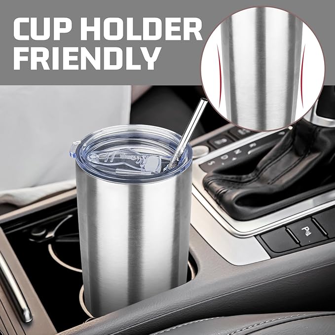20 oz Tumbler with Lids and Straws, Stainless Steel Insulated Travel Coffee Mug, Double Wall Vacuum Insulated Tumblers, Powder Coated Coffee Tumbler for Cold & Hot Drinks (Silver)