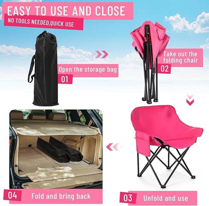 2 Pack Compact Camping Chairs Portable Folding for Outside with Carry Bag Lightweight Moon Chairs for Travel Picnic Hiking Beach Fishing, 600D Oxford, Supports 330lbs(Pink)