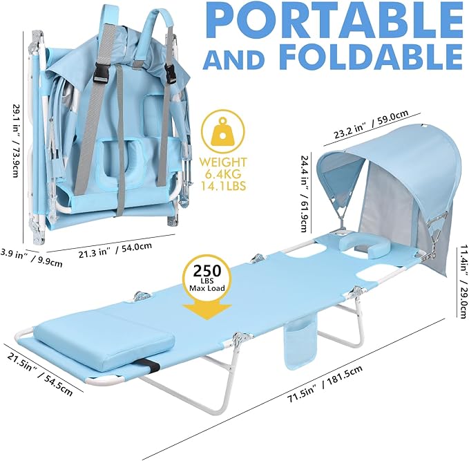 Backpack Beach Tanning Chair with Canopy and Face Hole, 6-Position Folding Lay Out Lounge Chair, UPF 50+ Wind-Resistant Sun Shade, Portable Recliner for Sunbathing, Outside, Poolside, Lawn, 2 Pack