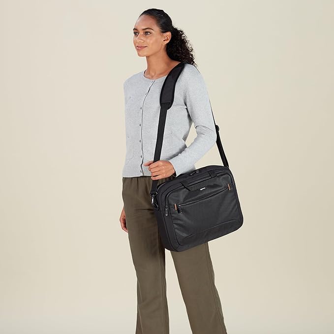 Amazon Basics Laptop Shoulder Bag with Compartments, 17.3-inch, Black, Large Capacity, Fits Dell, HP, ASUS, Lenovo, MacBook Pro and more