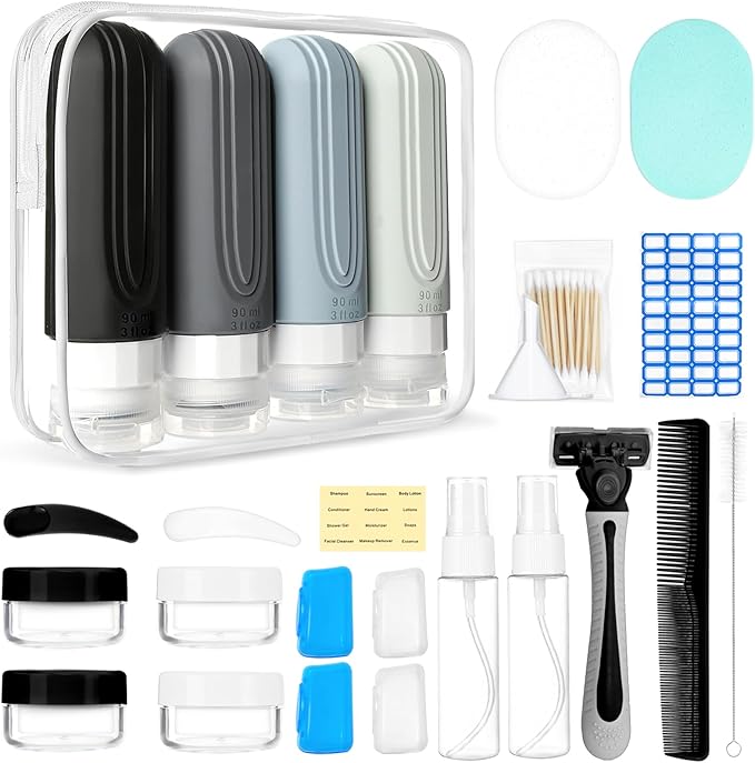26 Pack Travel Size Toiletries, Tsa Approved Travel Containers for Toiletries, Leak Proof Silicone bottles and Shampoo Conditioner, Essential Toiletry Accessories.
