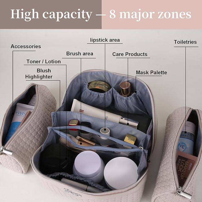 BOYATU Travel Makeup Bag Cosmetic Bags for Women: Large Capacity 3 Pcs Set Make up Bag with Compartments - Waterproof Vegan Leather Toiletry Organizer Bags with Handle (L18 Beige)
