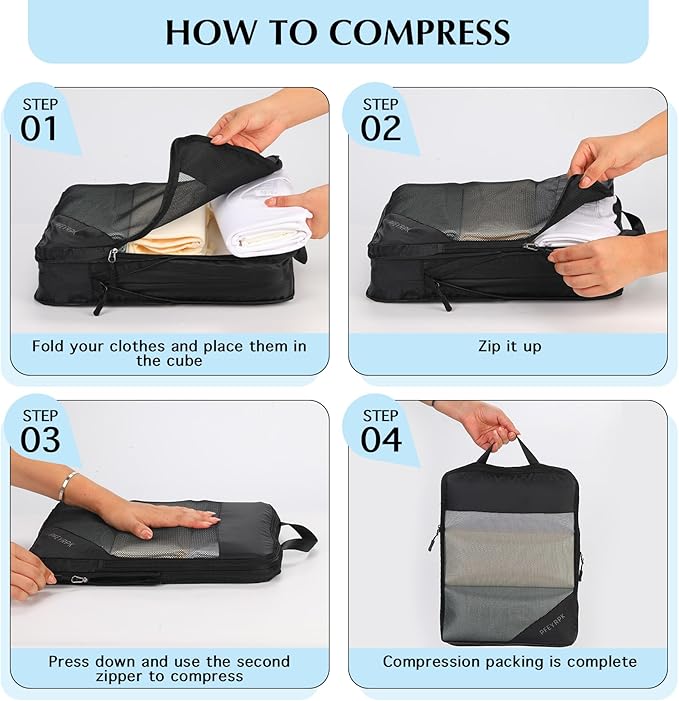 PFEYRPK Lightweight Compression Packing Cubes for Suitcases, Compressible Expandable Travel Packing Organizer with Clear Toiletries and Backpack Bag, Travel Essentials for Carry on Luggage 7 Set
