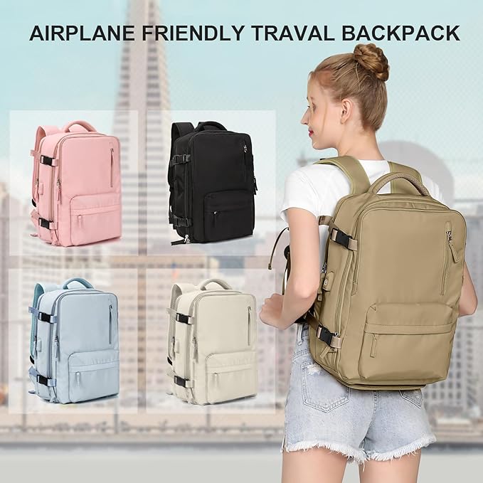 WONHOX Travel Backpack Women, Carry On Backpack for Men, Hiking Laptop Backpack Waterproof Outdoor Sports Rucksack Casual Daypack, Khaki