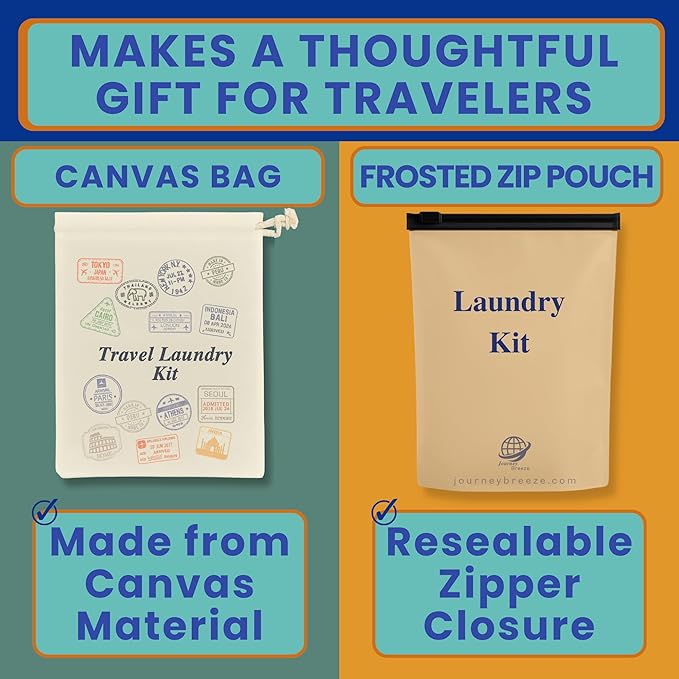 Travel Laundry Detergent Sheets Gift Set - Travel Detergent Sheets, Travel Clothesline, Foldable Laundry Bag, Canvas/Zip Bags, Great for Hotels, Campers & Cruise Essentials