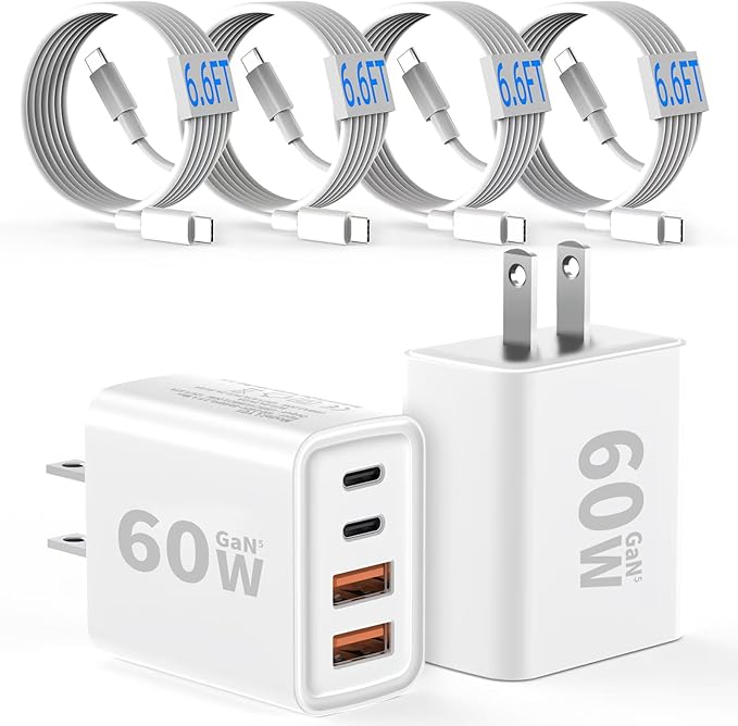 2 Pack USB C Charger Block 60W, 4-Port GaN5 Super Fast Phone Charger, Type C Charging Block PD 20W & QC 20W with 6.6FT USB C Cable for iPhone17 Air/17/16/15Pro Max Samsung Galaxy S24