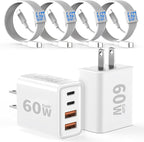 2 Pack USB C Charger Block 60W, 4-Port GaN5 Super Fast Phone Charger, Type C Charging Block PD 20W & QC 20W with 6.6FT USB C Cable for iPhone17 Air/17/16/15Pro Max Samsung Galaxy S24