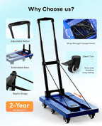 Voipvvii Folding Hand Truck 500lbs, Portable Heavy Duty Dolly Cart, 6 Wheels Collapsible Luggage Cart with 2 Elastic Ropes - Compact Trolley Cart for Easy Moving - Ideal Hand Cart for Travel and More