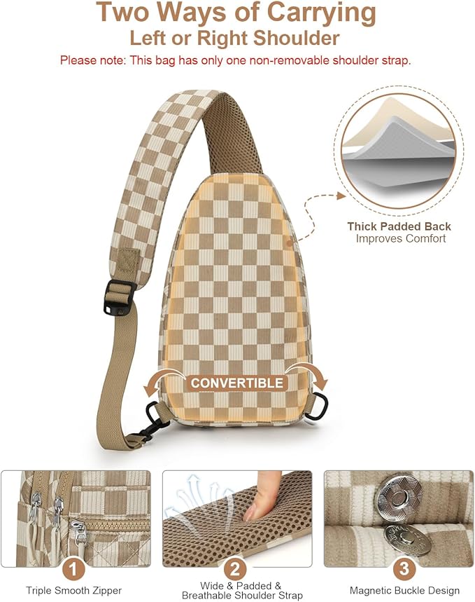 Capolo Sling Bag for Women Men Waterproof Crossbody Bags for Women Trendy Casual Fanny Pack with Convertible Shoulder Strap Chest Bag for Travel Hiking(Khaki Checkerboard, Medium)