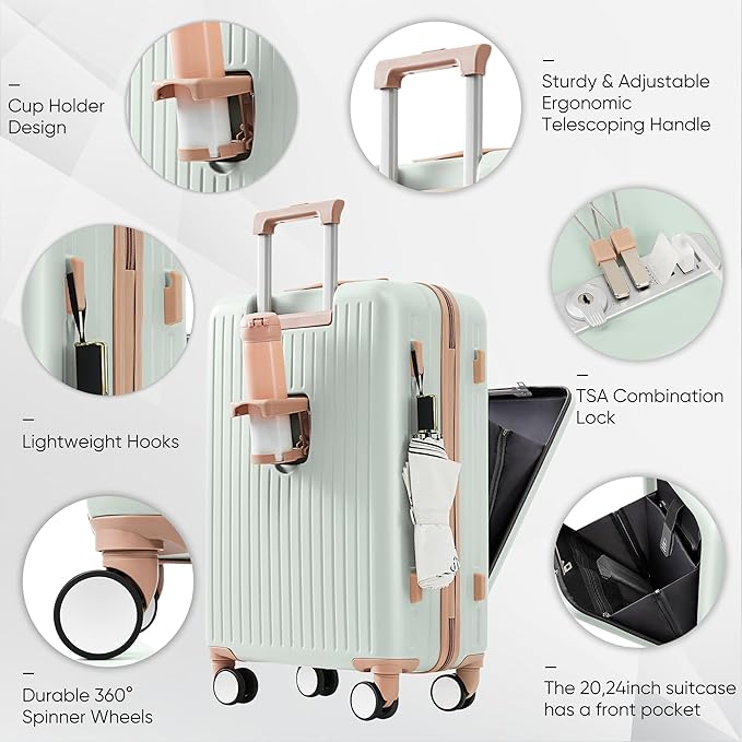 Merax 3 Piece Luggage Set Spinner Hardshell Lightweight TSA Lock and USB Port, Cup Holder, 20inch or 24inch with Front Opening Design, Light Green