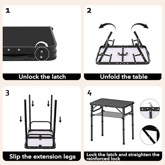 YihuiKo Small Folding Camping Table with Storage Net, 3 Adjustable Heights Foldable Table Lightweight & Portable with Carry Handle for Outdoor Indoor, Pure Black
