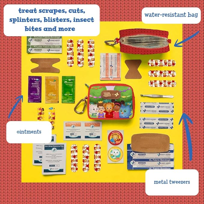 KeepGoing Daniel Tiger’s Small Travel First Aid Kit Kids – 60 Pc. Mini First Aid Kit for Purse, Diaper Bag, & Backpack with Latex-Free Bandages – 4 Oz., & 4.5 x 3.5 x 2 in, TSA-Approved