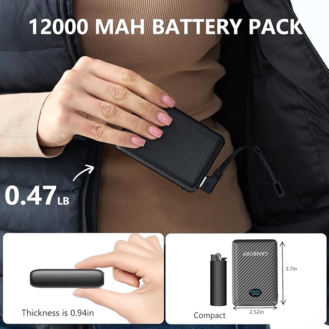 2 Pack 5V 2A/3A Battery Pack for Heated Vest Heated Jacket, 12000mAh Power Bank for Heated Apparel with LED Display with 7.4V DC Port