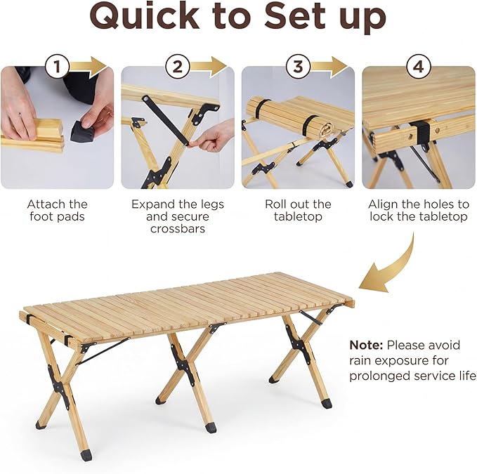 GYMAX 48 Inch Folding Camping Table, Roll-Up Pine Wood Picnic Table with Carry Bag, Portable Lightweight Low Beach Table for BBQ, Party, Backyard Camping