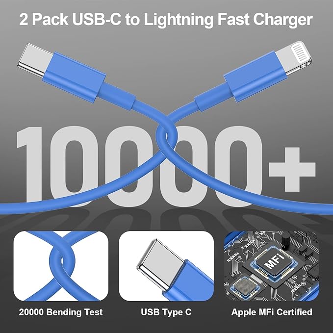 2Pack Blue Fast Charger Cable 6ft [Apple MFi Certified], USB Type C to Lightning Cable 6 Foot Apple iPhone Charging Cord for Apple iPhone 14/13/12 Pro XR XS Max X 8 Plus