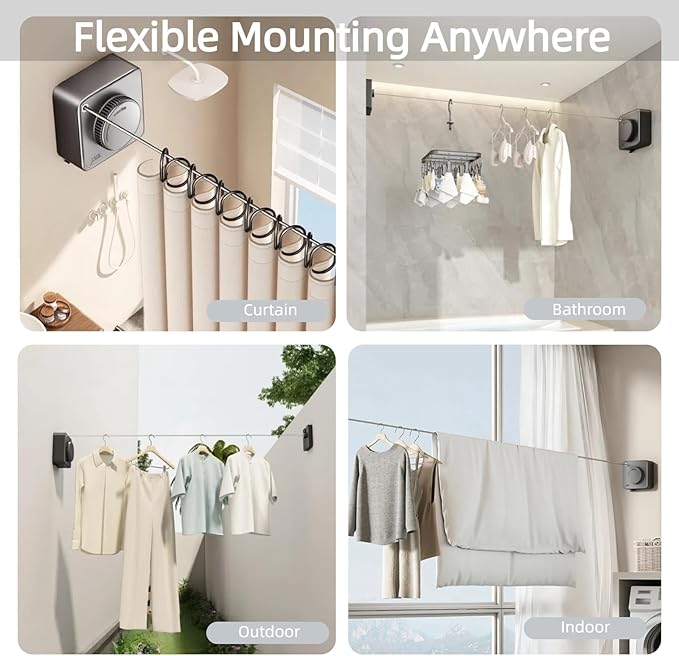 15.7Ft Retractable Clothesline Indoor & Outdoor, Heavy Duty Anti-Sag Wall Mounted Stainless Steel Laundry Drying Line for Balcony, Laundry Room, Bathroom, Motorhome, Dormitory, Travel