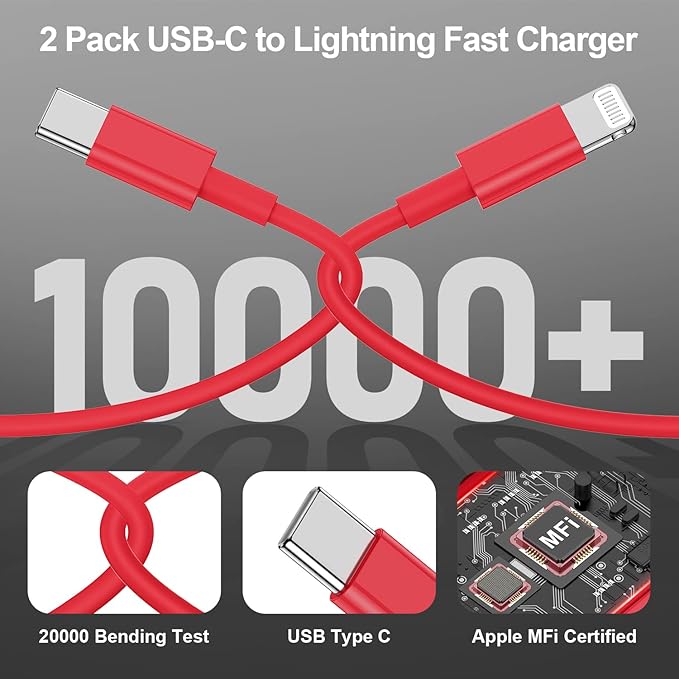2Pack Red Fast Charger Cable 6ft [Apple MFi Certified], USB Type C to Lightning Cable 6 Foot Apple iPhone Charging Cord for Apple iPhone 14 13 12 Pro XR XS Max X 8 Plus