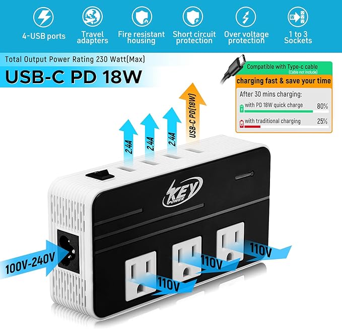 Key Power 230-Watt Step Down 220V to 110V Voltage Converter & International Travel Adapter/Power Converter with USB-C Port 18W - [Use for USA Appliance Overseas in Europe, AU, UK, Ireland, etc.]