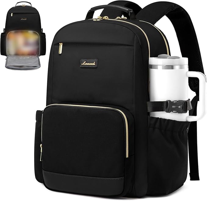 LOVEVOOK Lunch Backpack with Lunch Compartment,15.6 Inch Laptop Work Travel Insulated Cooler Backpack Purse,Waterproof College Teacher Nurse Lunch Bag Box with Tumbler Holder,Gifts for Men Women,Black