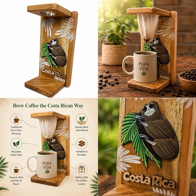 Tapanti store.Chorreador,Costa Rican handcrafted foldable wooden pour-over coffee maker.Includes a reusable cloth filter.Embedded Sloth wooden hand painted design.Light Cedar.Perfect for travel