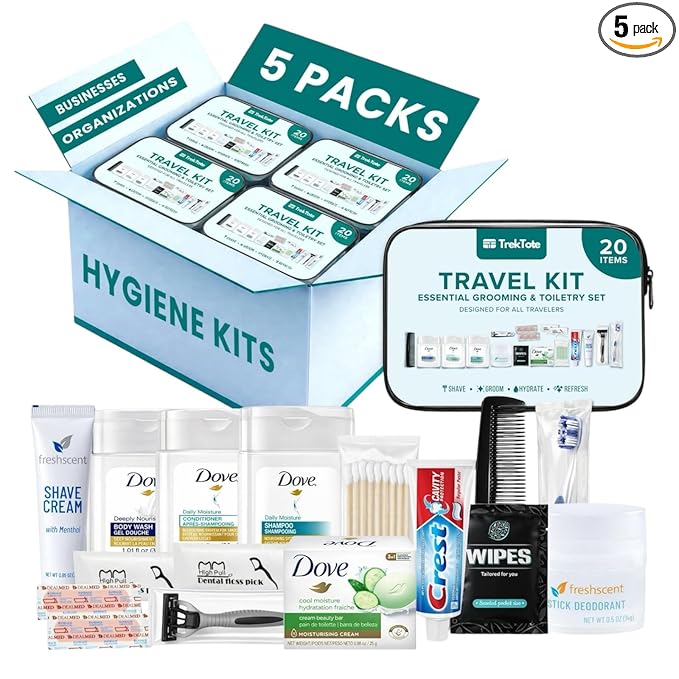 20 Piece Hygiene Kit Bulk, Travel Size Toiletries Set, Care Package Supplies, Mini Deodorant Shampoo Body Wash Toothbrush Toothpaste Razor Kit, TSA Approved, Clear Bag