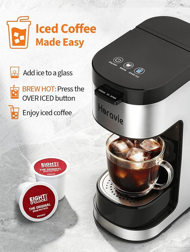 Horavie Single Serve Coffee Maker, Hot and Iced Coffee Maker for K Cup and Ground, 6 to 14 Oz Brew Sizes Single Cup Coffee Maker with Descaling Alert, Ideal for Home, Travel, RV and Dorm,Black