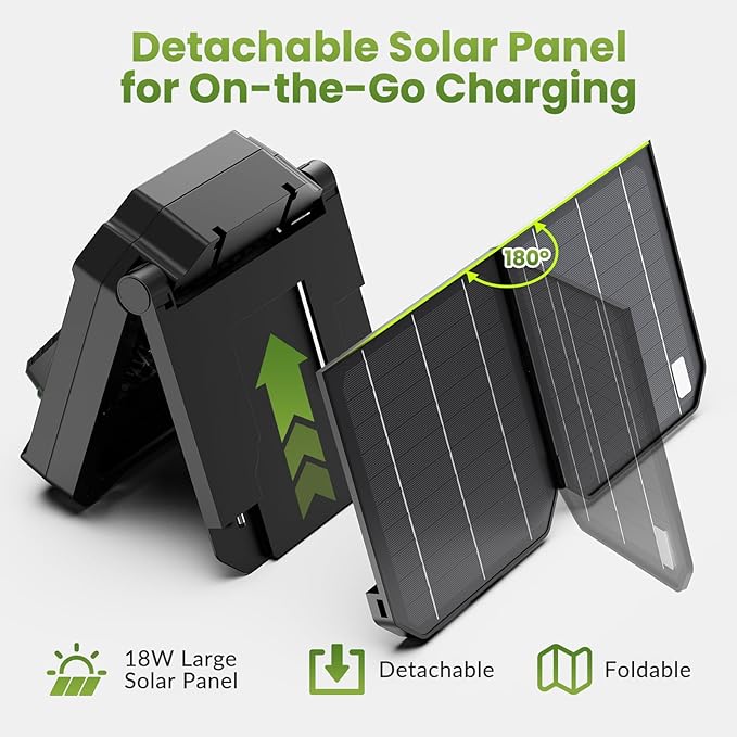 26800mAh Portable Fan Rechargeable with 18W Detachable Solar Panel, Quiet Battery Powered Camping Fan Cordless with LED Lantern,3 Speed,Timer,USB-C,for Bedroom Tent Home Office Desk Hurricane(Black)
