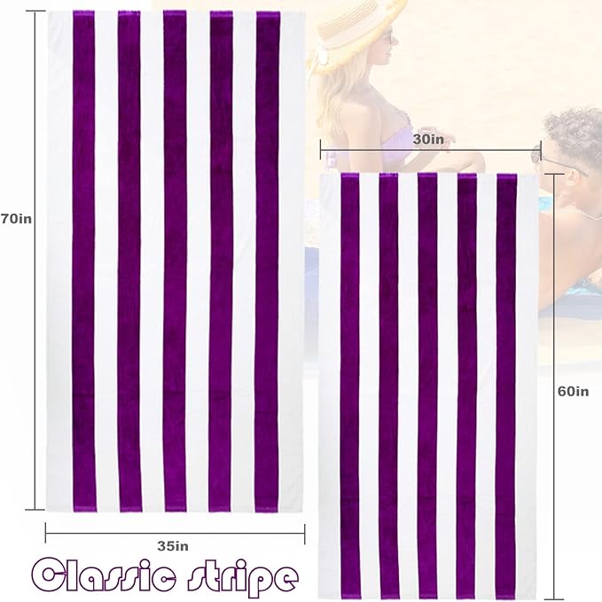 Exclusivo Mezcla 4 Pack Cotton Oversized 35x70 Inches Soft Cabana Stripe Thick Beach Towel, Super Absorbent Travel Bath Pool Towel (Purple)