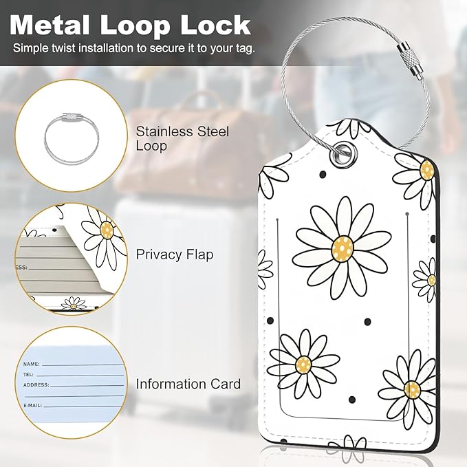 2Pack Luggage Tags for Suitcases, Cute Unique Pu Leather Cruise Luggage Tag with Privacy Cover ID Label Address Card and Metal Ring Suitable for Women Men Kids Travel Bag Black-lined Flower