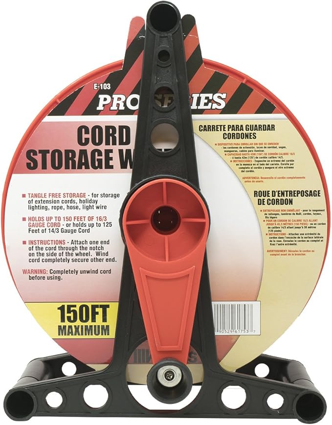 Woods Extension Cord Storage Reel - Holds Up to 150 Feet of 16/3 or 125 Feet of 14/3 Gauge Cord - Tangle-Free Design for Indoor or Outdoor Use - Side-Mounted Crank - Red & Black