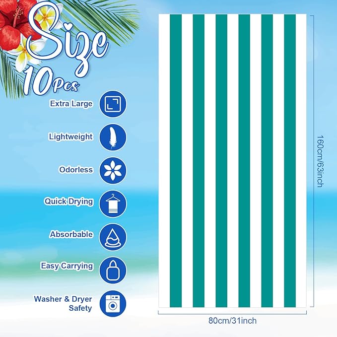 EBOOT 10 Pack Oversized Beach Towel Set Extra Large Pool Towels Microfiber Quick Dry Swim Blanket for Adult Women Men Face Hand Body Bath Travel Pool(Bright Color,31 x 63 Inch,Cabana Stripe)