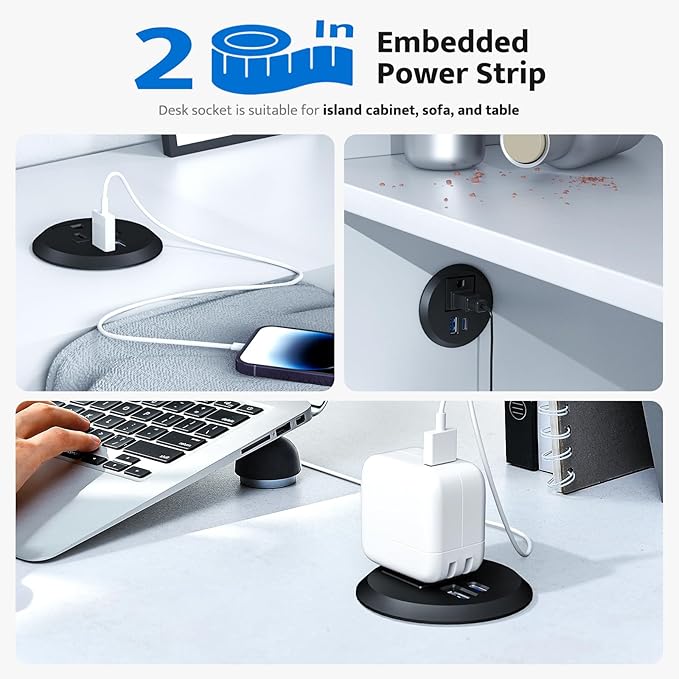 Recessed Power Grommet with 20W USB C Fast Charging, 2 inch Conference Recessed Outlet,Flush Mount for Desk,Office Tables,Furniture,6FT Cord, 45° Thin Flat Plug (Black, Grommet Outlet)