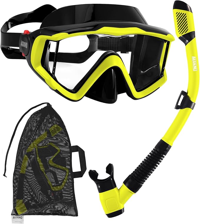 Aegend Snorkeling Gear for Adults Youth Kids, Snorkel Mask with Top Dry Valve - Panoramic View Anti-Leak and Anti-Fog with Mesh Bag for Snorkeling, Scuba Diving, Freediving & Swimming